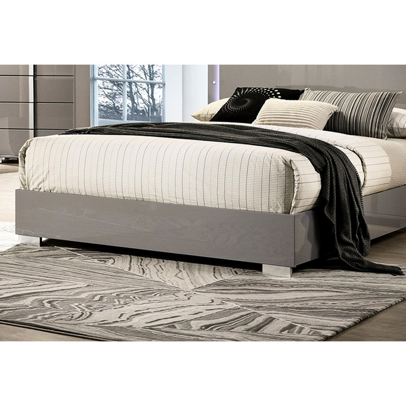Taupe Transitional Bed For Eastern King Size, Led - Ornamental Headboard, Metal And Engineered Wood Bedframe With Vertical Handles Dull Finish Contemporary Built In On Finished Of Wood, Ideal Bedroom