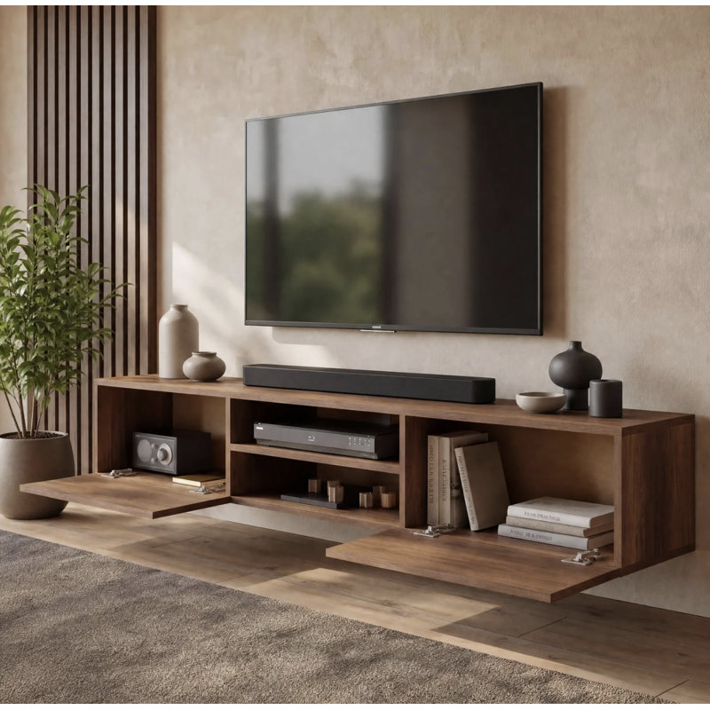 Meuble télé suspendu moderne Desmone 71 po pour téléviseurs jusqu'à 80 po, H 11,8 po x l 70,8 po x P 11,8 po