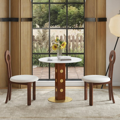 Table de salle à manger ronde moderne, table en pierre frittée de 33,5 po avec pieds en bois et base dorée, table de cuisine pour 2 personnes pour petit espace, capacité de poids de 150 lb (seulement la table de Négociation)
