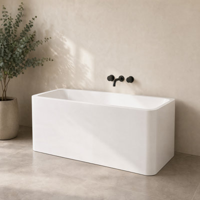 47" Rectangular Gloss White Pedestal Freestanding Acrylic Bathtub with Ergonomic Built-In Seat, Compact Spacious Stain & Scratch Resistant Soaking Tub, Smooth Gloss Easy-Clean Surface for Small Modern Bathrooms