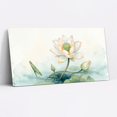 White Lotus Flower and Green Buds in Watercolor Style Canvas Wall Art