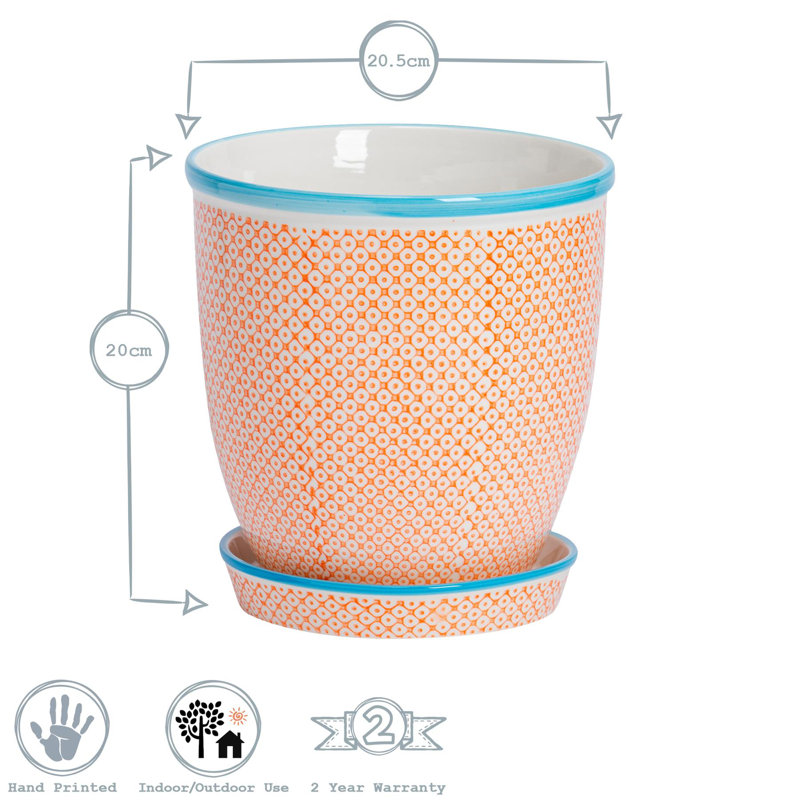 Nicola Spring - Hand-Printed Plant Pot with Saucer - 20.5cm - Orange, 1
