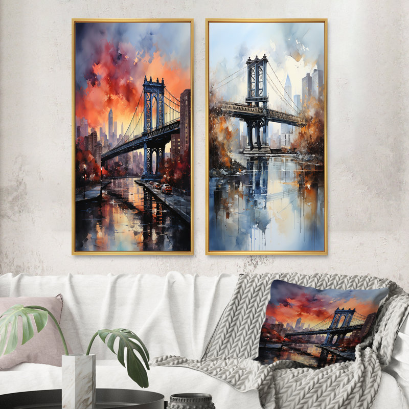 «Coral Bridge Urban Silhouettes», 2 pièces sur toile, Encadrement doré, H 32 po x l 32 po