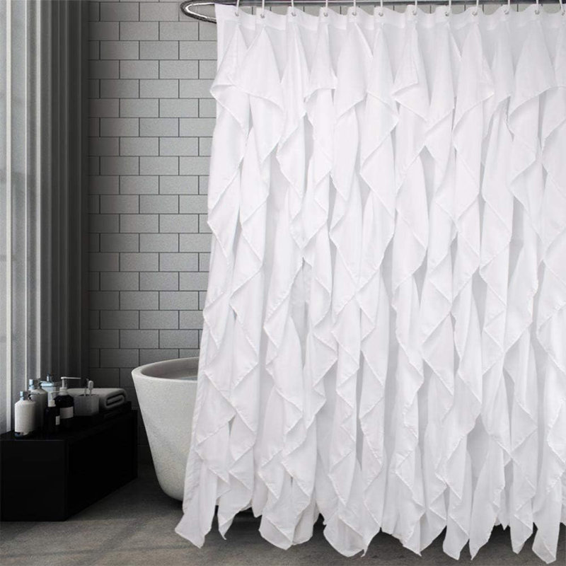 Farmhouse Ruffle Shower Curtain - White Fabric Bathroom Curtain With Waterfall Design, Double Layer For Privacy, Soft Polyester Material, Hand Sewn For Durability
