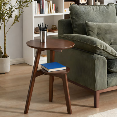 2-Tier Round End Table For Living Room, Mid-Century Modern Side Table With Lower Shelf, Solid Wood Nightstand Or Accent Table, Compact Coffee Table Design