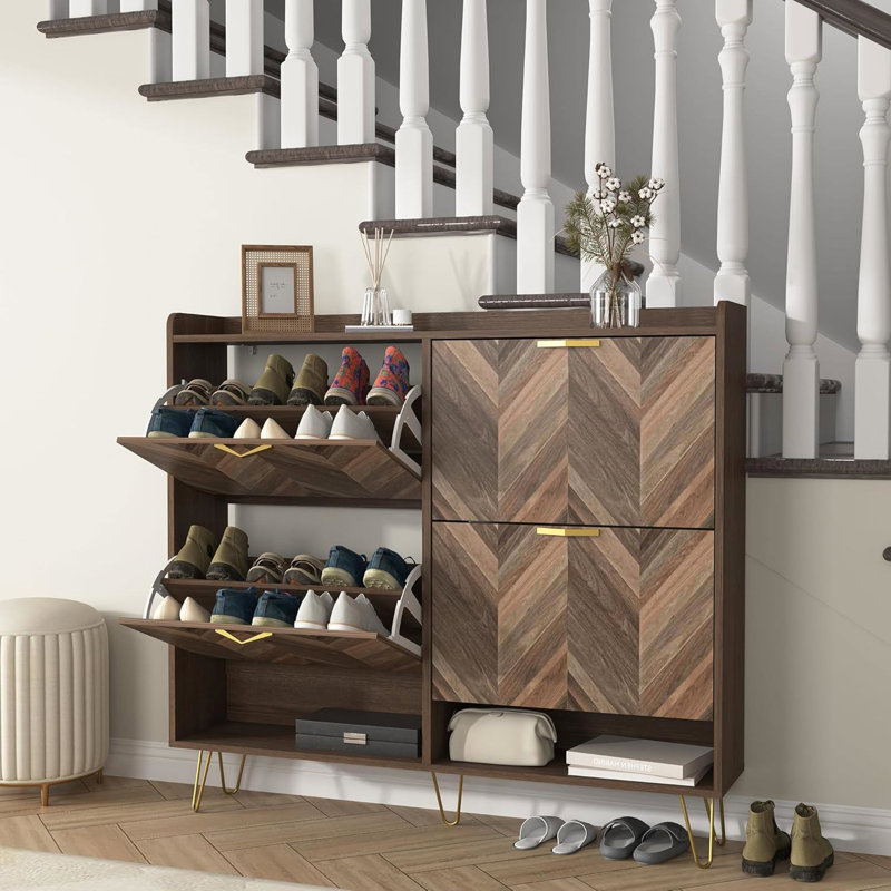 Armoire à chaussures Mid-Century moderne à 4 tiroirs avec casier inférieur 2 crochets autoportants pour le couloir d'entrée