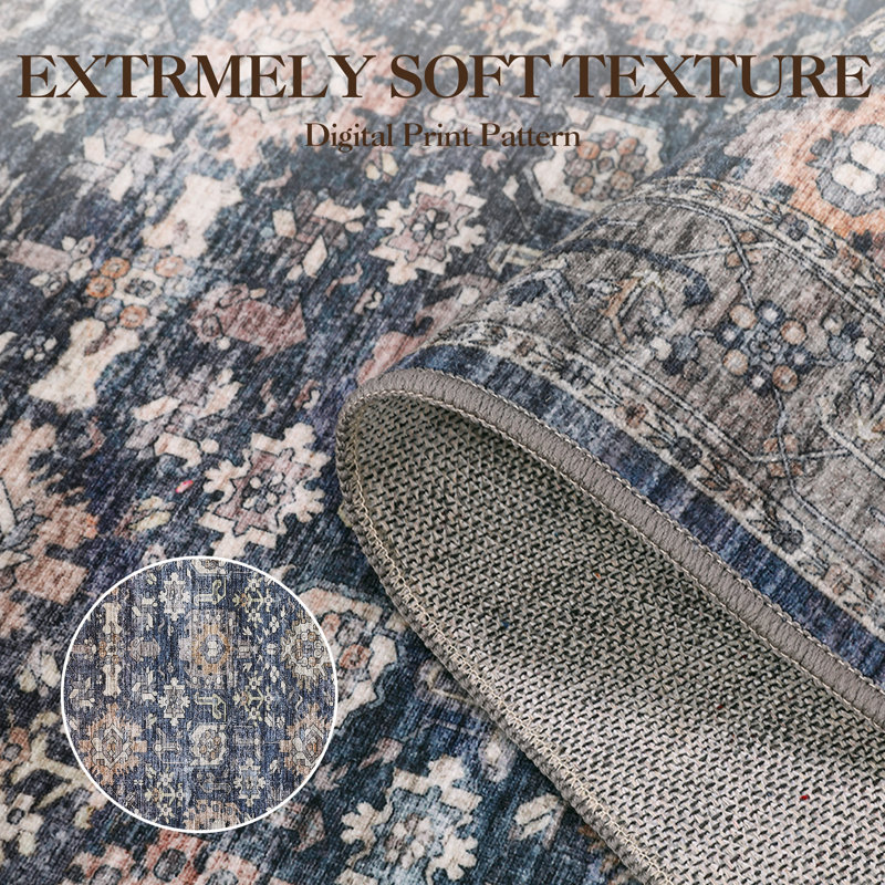 Area Rug Washable Rug Vintage Rug Non Slip Backing Accent Carpet Runner Rug Ultra-Soft Low Pile Rug Oriental Floral Rug Distressed Aesthetic Floor Mat for Living Room Bedroom Stain Resistant Carpet for Kitchen Laundry Office