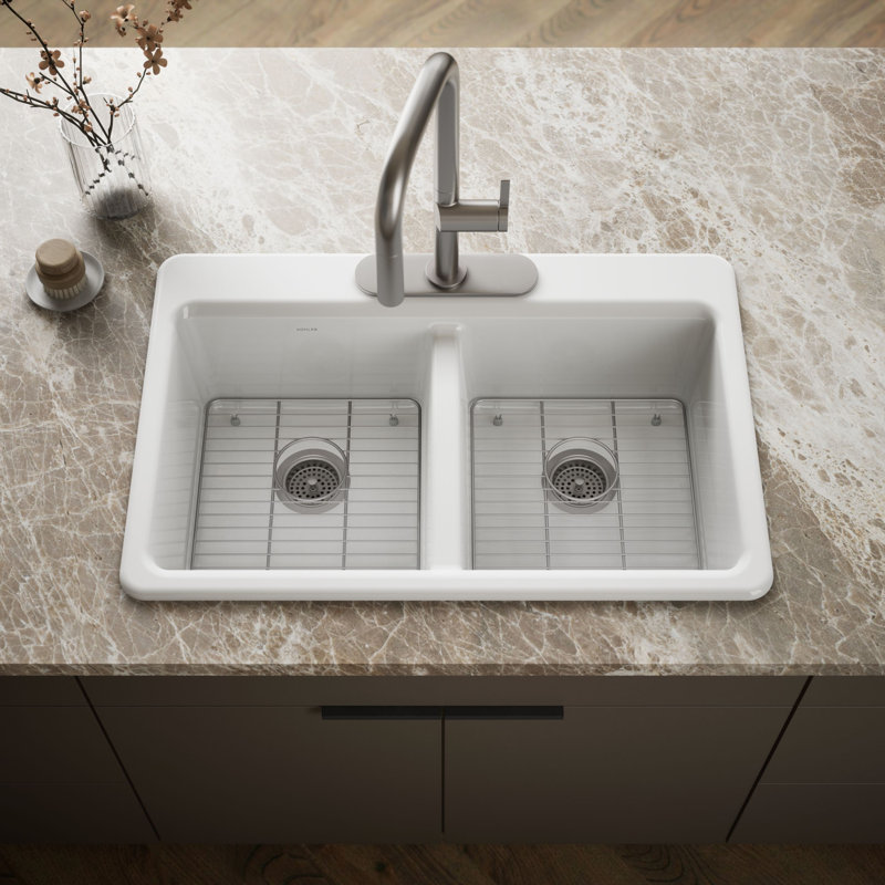 Riverby 33 In. Top-Mount Double-Bowl Kitchen Sink, White, 3 hole, Double-equal bowls