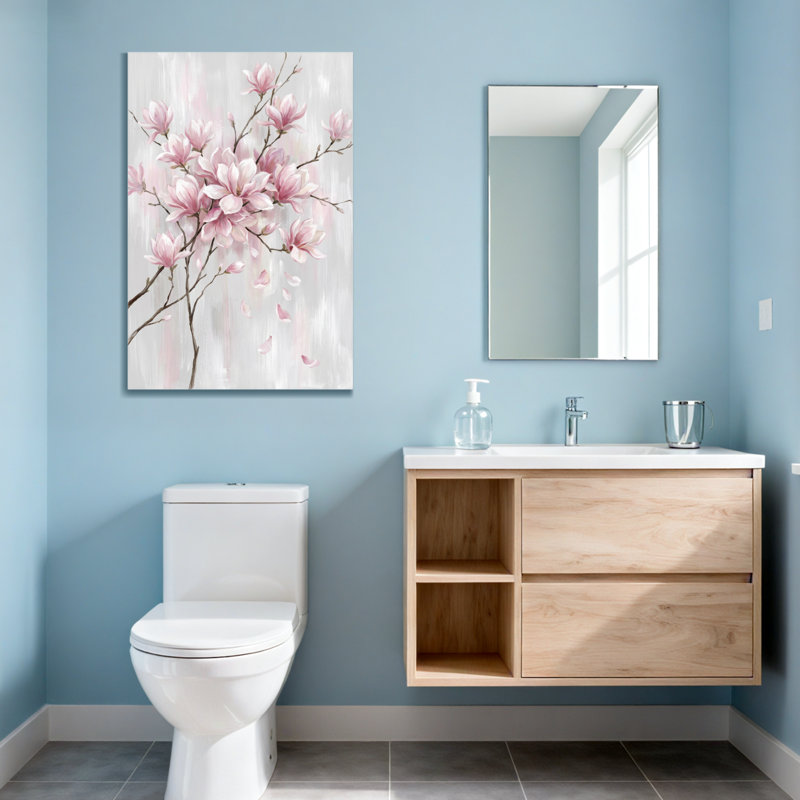 Plantes et fleurs de magnolia rose sur fond gris, H 30 po x l 20 po