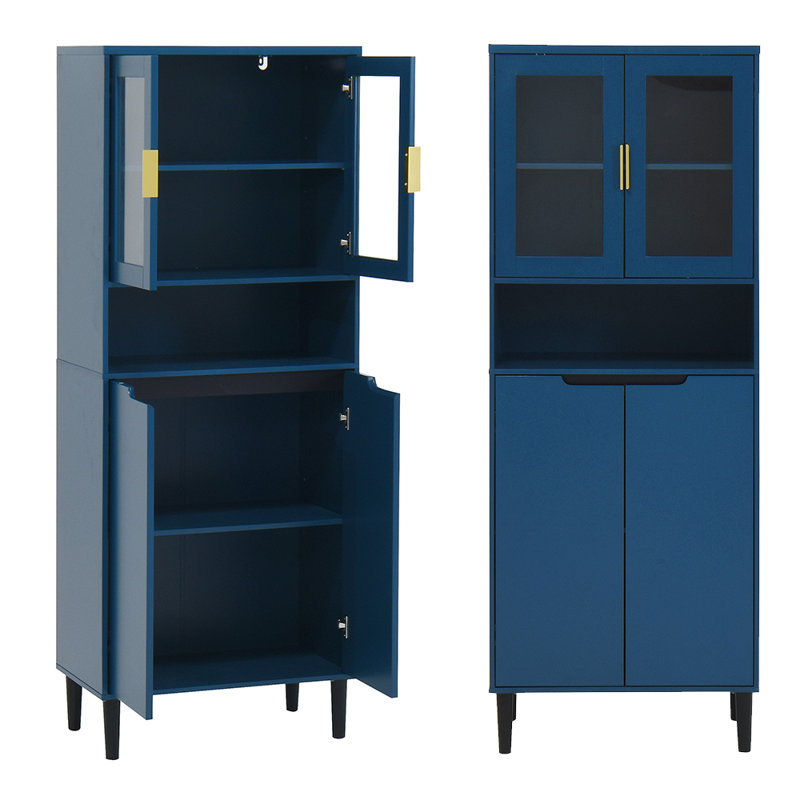 Armoire vitrée avec rangement H 63 "avec 2 portes vitrées et 2 portes, garde-manger, Bleu, Or