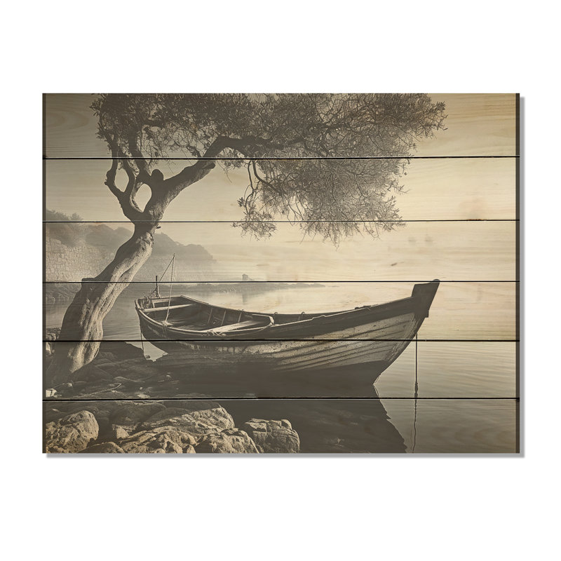 Bateau, paysage sur le lac - Bateau côtier, art mural sur bois de pin naturel, H 10 po x l 20 po