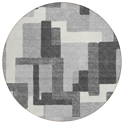 8' Gray Charcoal And Silver Round Abstract Washable Indoor Outdoor Area Rug