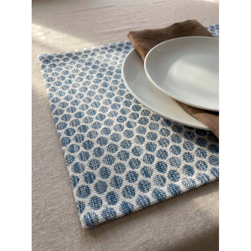 Natural Beige Sailor Dots Indoor Outdoor Placemat, Marine Blue