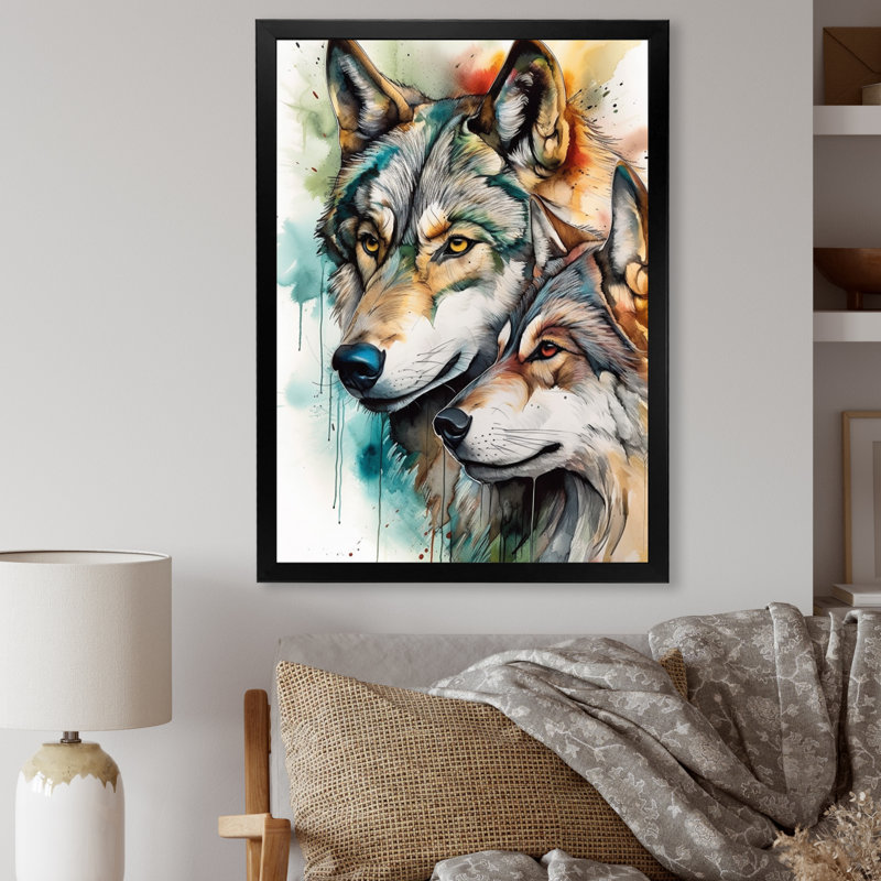 «Wolves Portrait Watercolor1», art mural grand loup, Cadre photo noir, H 32 po x l 24 po