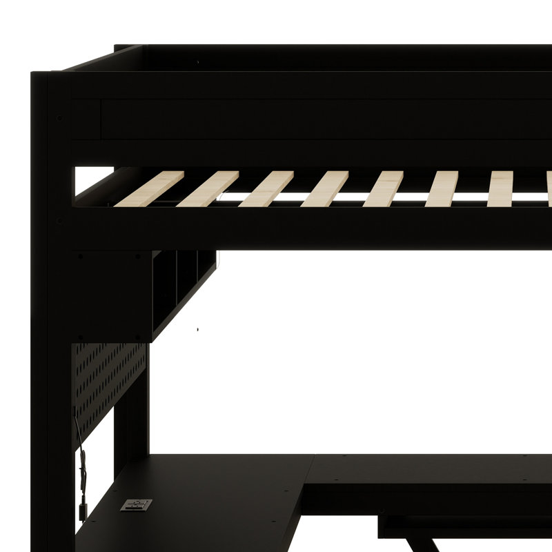 Lit mezzanine pour jouer peu encombrant avec bureau, tablettes, DEL et station de charge, Noir
