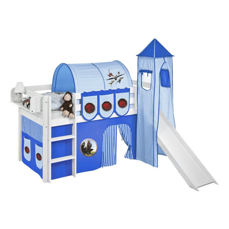 Jelle Mid Sleeper Bed with Textile Set, Blue, European Single (90 x 200 cm)