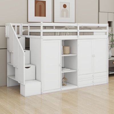 Lit mezzanine fonctionnel avec 3 tablettes, 2 armoires et 2 tiroirs, échelle avec rangement, structure en bois de pin robuste, aucun sommier nécessaire