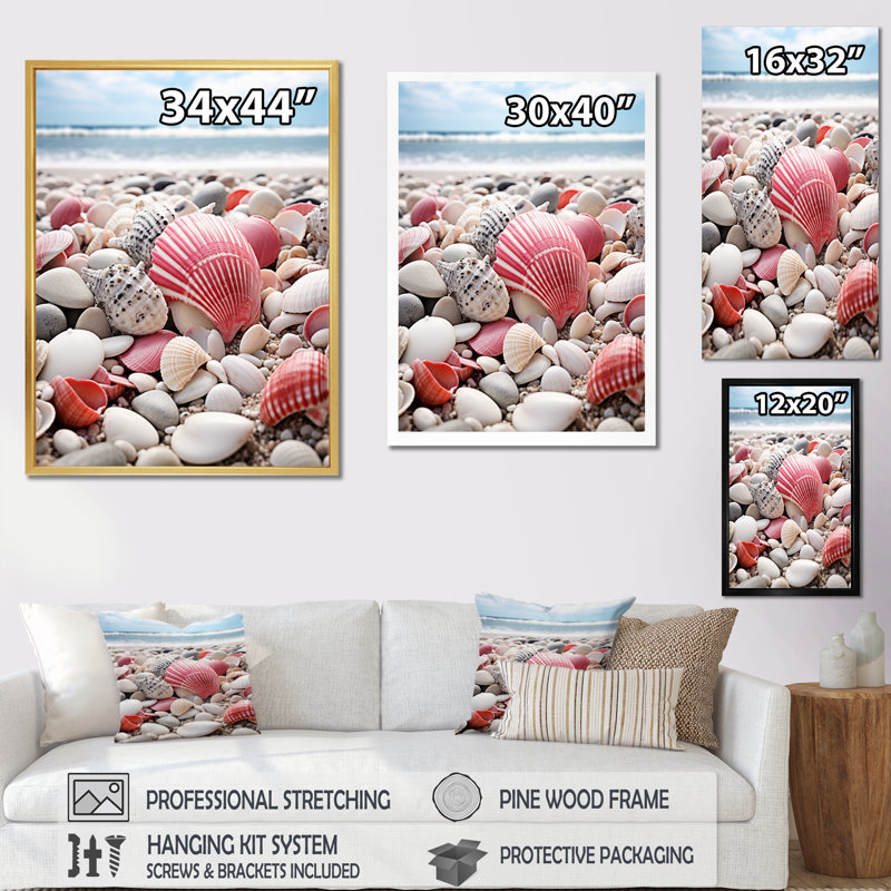 «Pink Beige Seashell On The Beach», reproduction sur toile, H 20 po x l 12 po x P 1 po, Cadre flottant blanc
