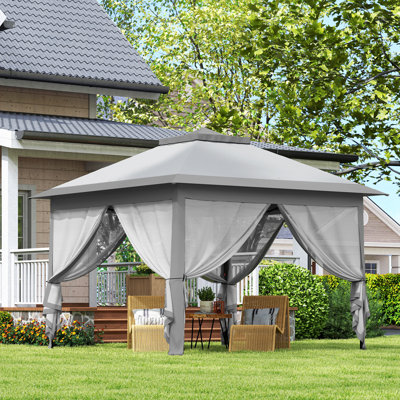 Pavillon de jardin escamotable 11 pi x 11 pi avec double sac de transport sur le toit, gris clair