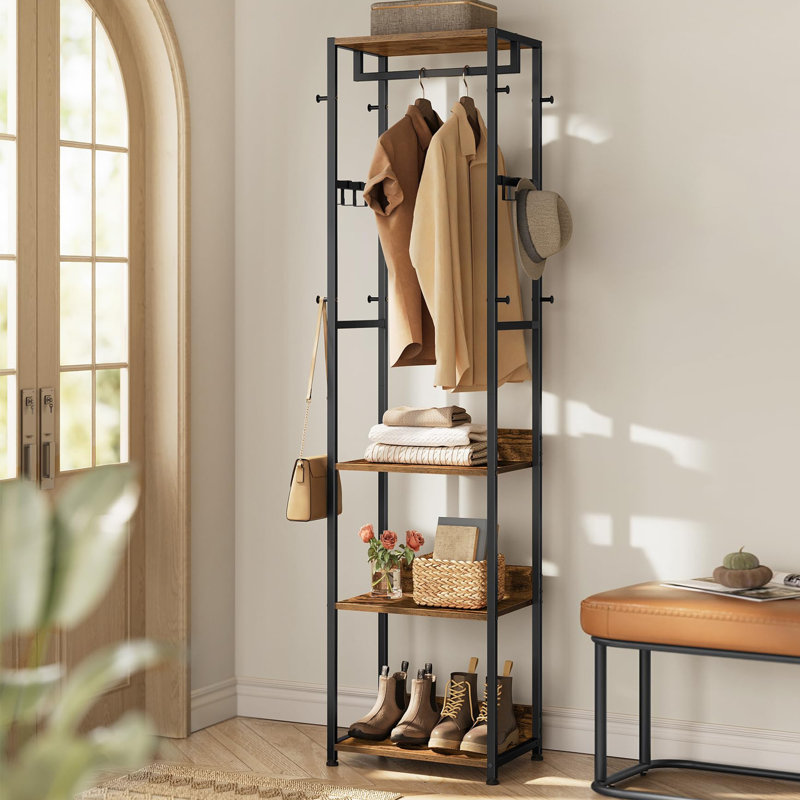 Freestanding Hall Tree with Shelves, Rustic Brown