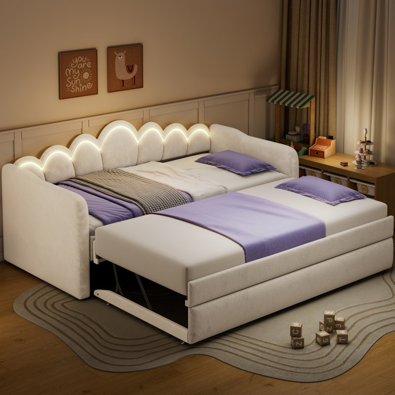 Twin XL Upholstered Daybed with Pop-Up Trundle & LED Light, Trundle Flat or Raised, White, White