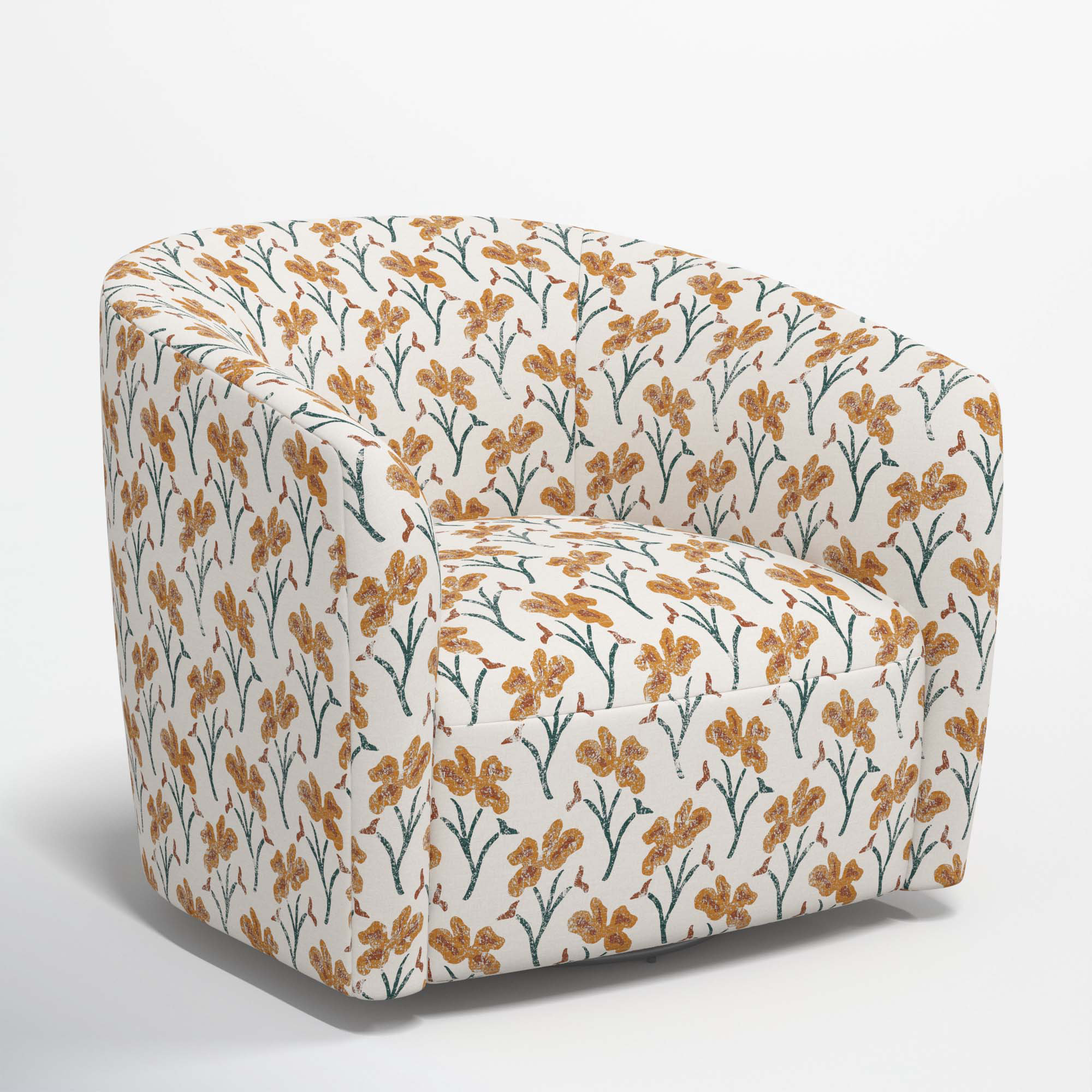 Marita Upholstered Swivel Barrel Chair, Vanves Floral Ochre Teal
