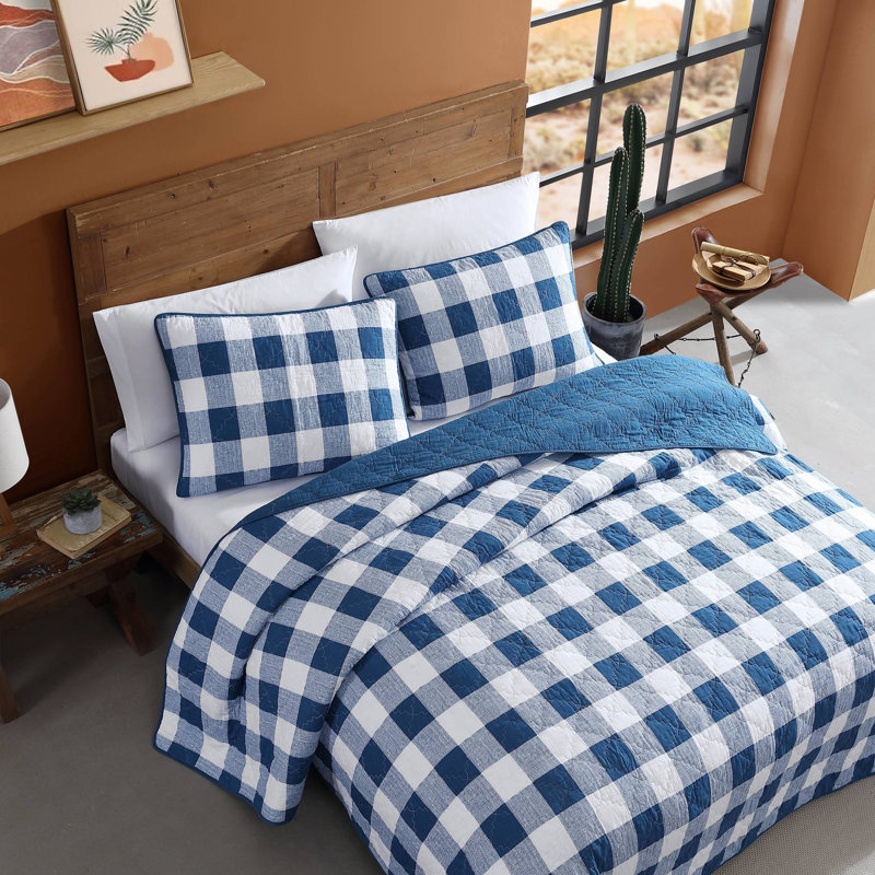 Wrangler Flagstaff Check Cotton Blue Quilt Set, Queen, King Quilt + 2 King Pillow Shams