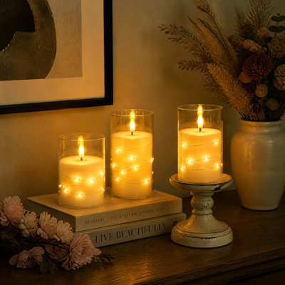 3 bougies DEL sans flamme incrustées d'étoiles - télécommande et minuterie, scintillement blanc sécuritaire, parfait pour toute occasion