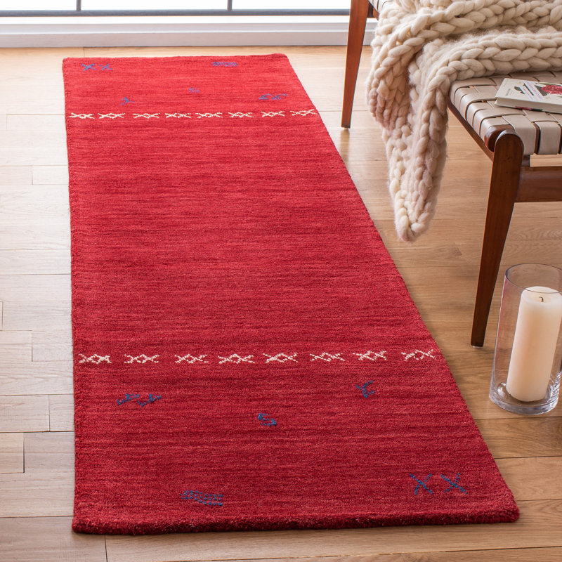 Tapis rouge en laine fait à la main Santiago, Tapis de couloir 2 pi 3 po x 6 pi