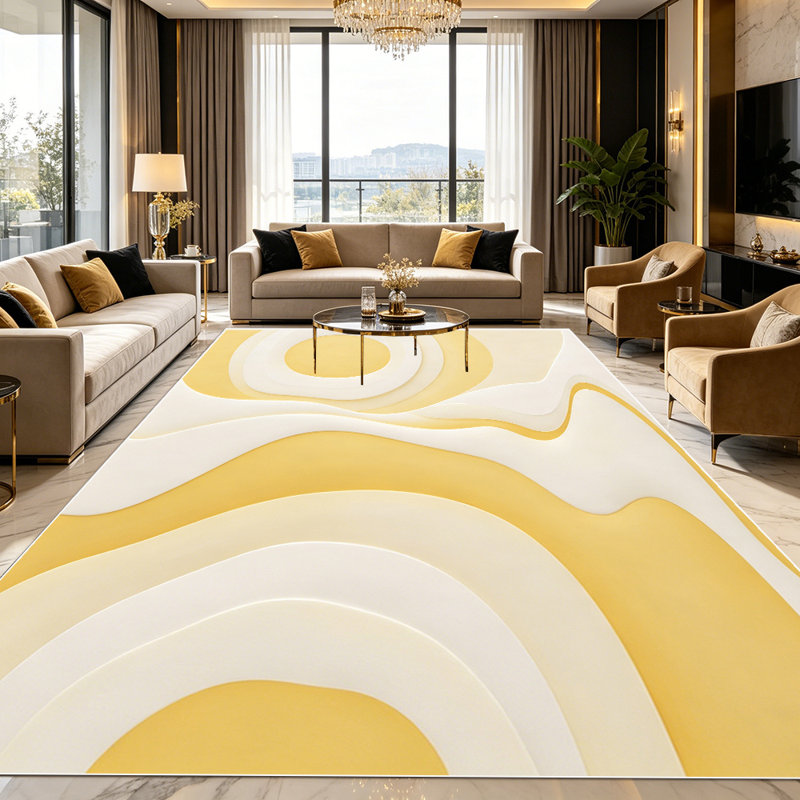 1PC Warm Yellow Off-white Wavy Circular Abstract area rugs for Living Room, Soft and Comfortable, Suitable for all seasons, easy-to-maintain, machine washable Indoor floor mat, Under Table Farmhouse suitable for dining room, bedroom, entryway,...