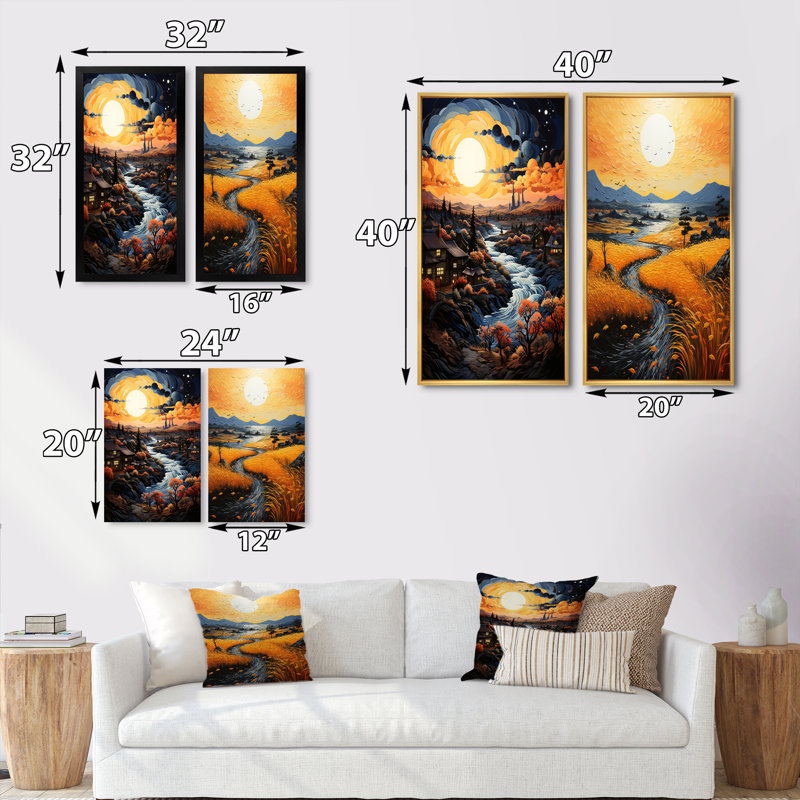 «Vangogh Village At Sunset», 2 pièces, Encadrement doré, H 24 po x l 20 po