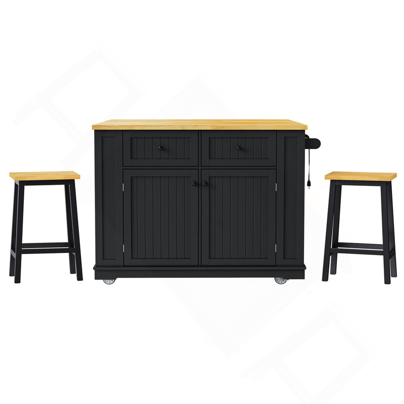48Inch Large Kitchen Island With 2 Bar Stools, Power Outlet, Door Internal Storage Rack, Kitchen Storage Cart On 5 Wheels With Drop Leaf, 5 Open Side Racks, 2 Drawers,For Kitchen,Dining Room,Black