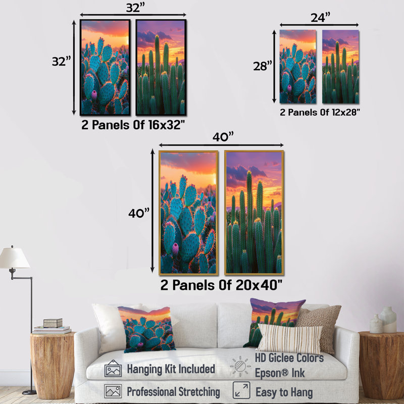 Cactus Garden At Sunset In Mexico I - Collection d'art floral sur toile 2 panneaux, H 28 po x l 25 po, Cadre crème crème