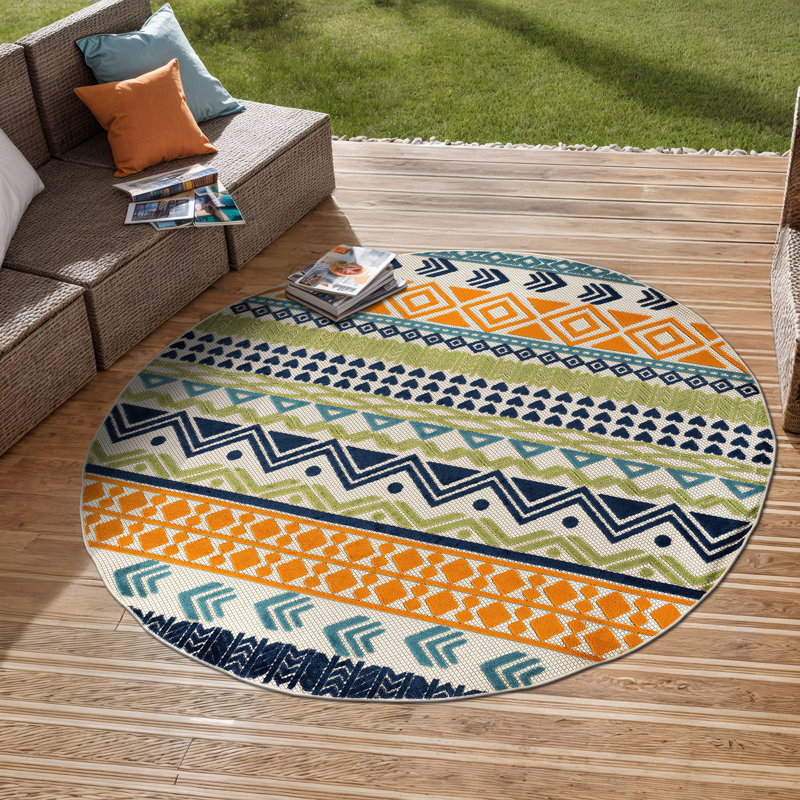 Tapis d'intérieur / extérieur géométrique Duxbury - orange / bleu marine / vert, Rond 7 pi 10 po