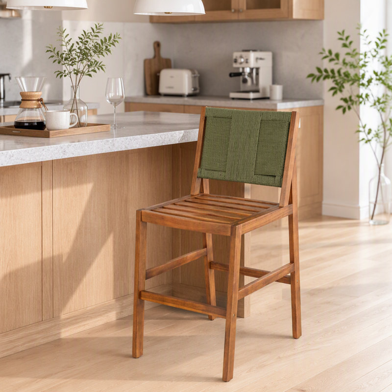4 pièces Tabouret de bar d'extérieur vert en bois d'acacia massif et osier tissé Arly, Green/Brown