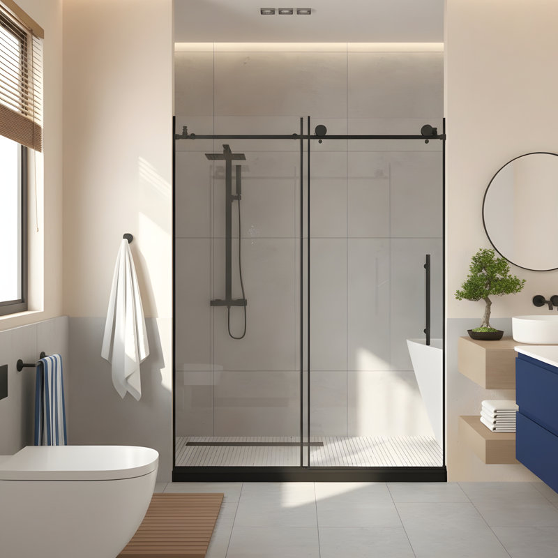 Frameless shower door 44-48 "W x 76" H, 1/4 "(6 mm) Clear Tempered Glass, Explosion Proof Film, Stainless Steel Handle, Matte Black