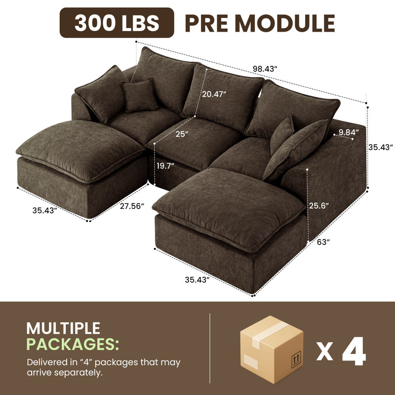 Canapé modulaire en forme de L Cloud, canapé modulaire en forme de L 3 places, avec repose-pieds amovible à 2 sièges profonds et brun, sans assemblage, brun