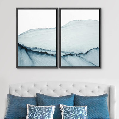 Smoke Abstraction " Blue Paint Stroke Wave Collage Abstract Shapes Modern Art Rustic Relax Calm Multicolor " 2 - Pieces