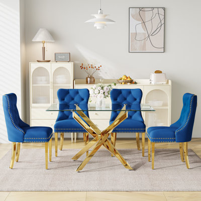 Ensemble de salle à manger 5 pièces avec table en verre trempé et chaises rembourrées en velours - ensemble de salle à manger moderne pour 4