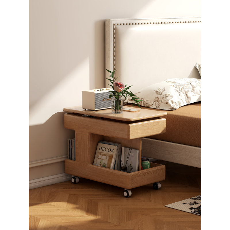  Table de bout mobile à plateau relevable en chêne massif avec rangement et roulettes, Chêne