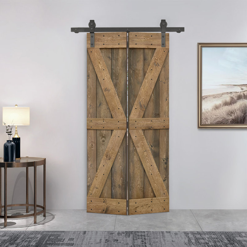 Porte de grange pliante en bois de pin avec quincaillerie coulissante, Noyer, 36 po x 84 po
