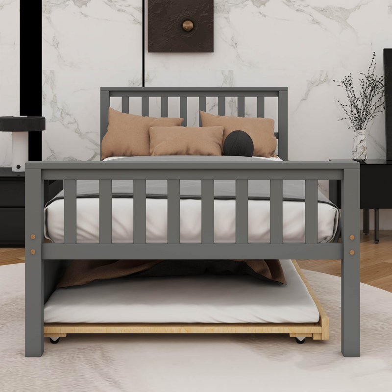 Structure de lit plateforme robuste en bois robuste avec lit gigogne escamotable, Gris