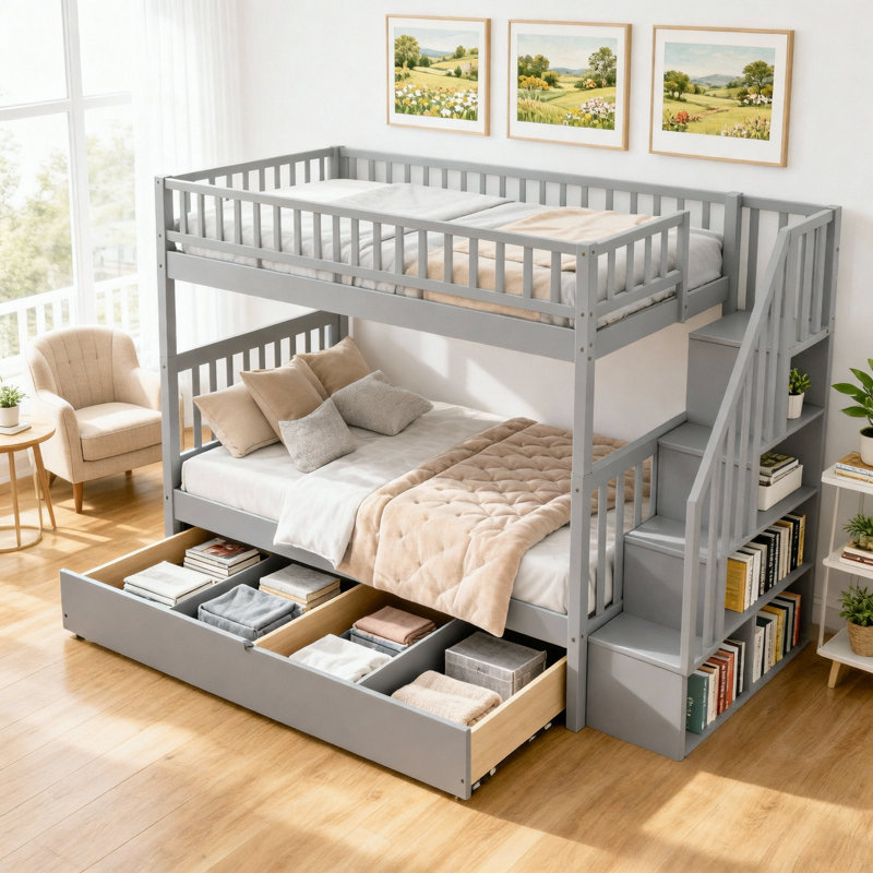 Lit superposé simple au-dessus d'un lit simple avec lit gigogne et rangement, gris