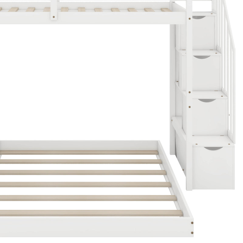 Jakoby Twin Over Full Bunk Bed with 3-layer Shelves, Drawers and Storage Stairs, White