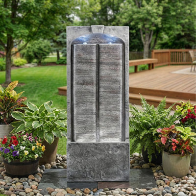 39 Inch Outdoor Water Fountain with Pump, Modern Cascading Freestanding Wall Fountain, Weather-Resistant Garden Water Feature with Warm White LED Lights, Outdoor Waterfall Fountain for Patio Porch Law