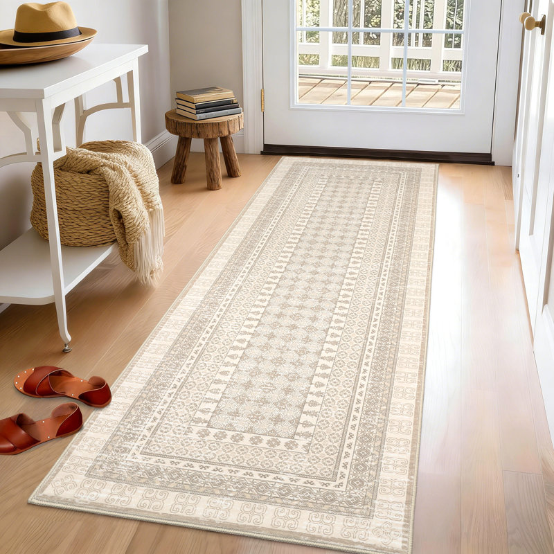 Tapis à bordure géométrique lavable à la machine, Beige, 2*6ft