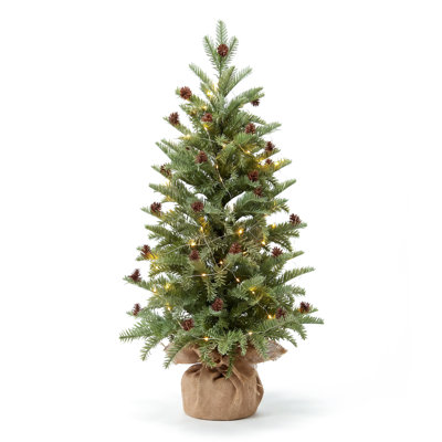 Arbre de Noël épinette illuminé 3 pi avec lumières chaudes, pommes de pin, base en toile de jute