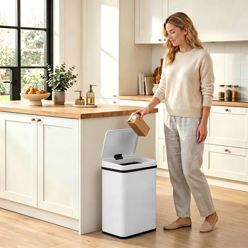 Kitchen Bin with Fast Motion Sensor, Stainless Steel Sensor Bin, 40l, White