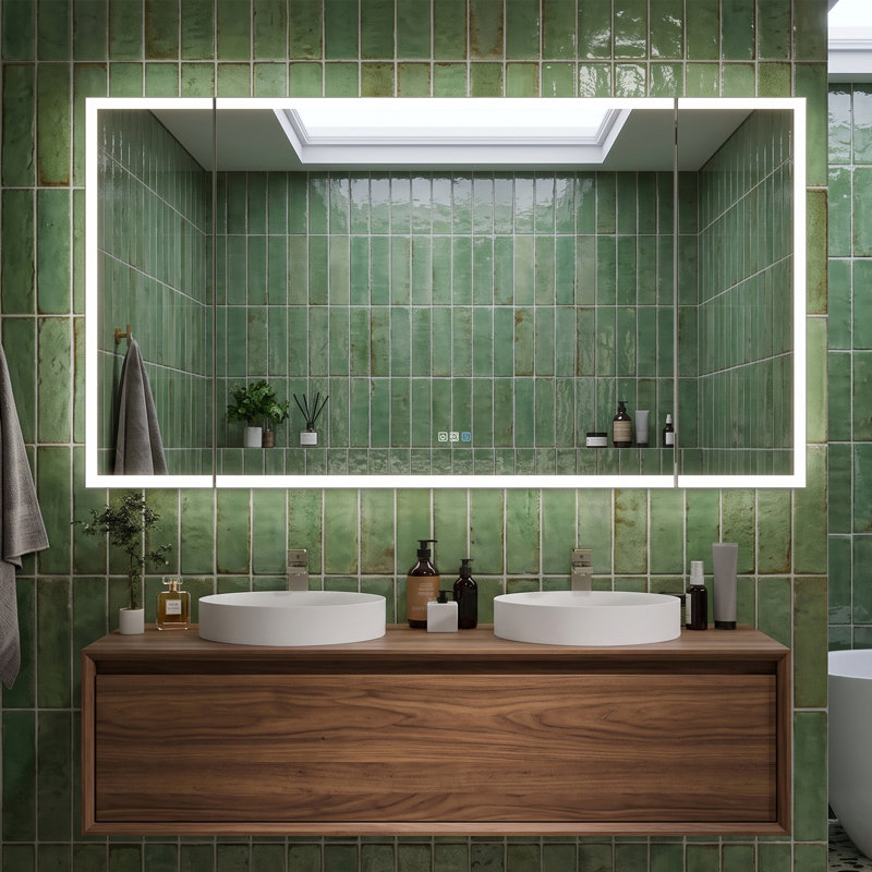 Miroir de salle de bain intelligent pliable en trois parties avec éclairage DEL, loupe, éclairage avant et arrière, intensité réglable, antibuée, fixation murale, dimensions : 168 cm (L) x 91 cm (H).