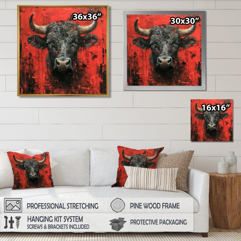 «Red Taurus Astrology Bulls Resolve», reproduction d'art mural animal, Cadre flottant brun, 16" H x 16" W